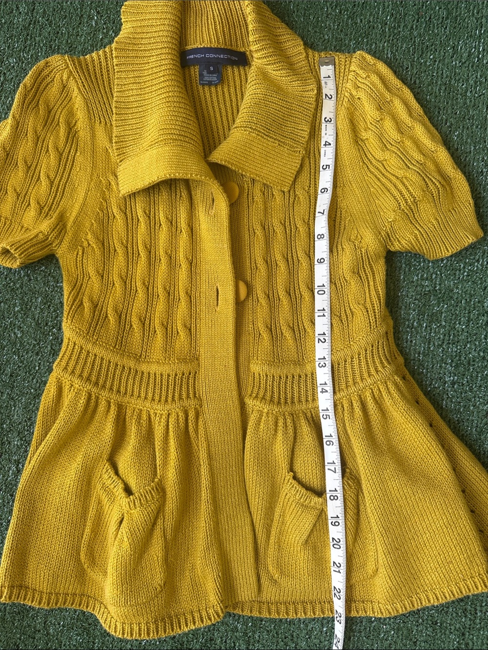 French Connection Mustard Short-Sleeve Knit Cardigan with Peplum Pockets - Picture 10 of 12
